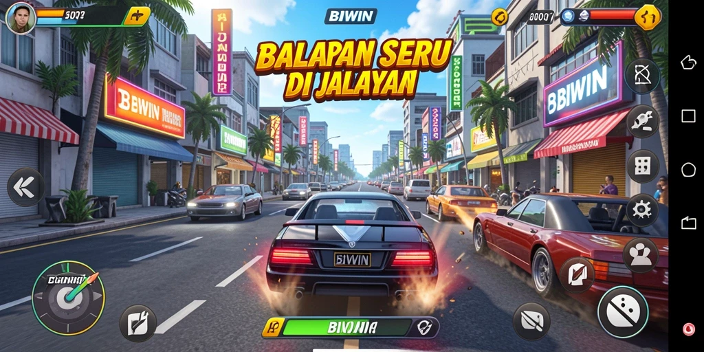 Screenshot utama BIWIN menampilkan aksi balap seru di jalanan.