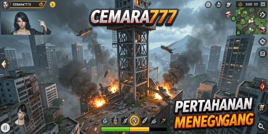 Screenshot CEMARA777 menampilkan aksi pertahanan menara yang seru.