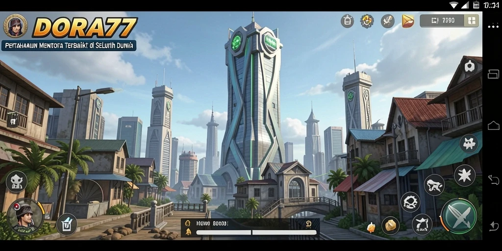 Tampilan gameplay DORA77 menunjukkan pertahanan menara yang intens dan seru.