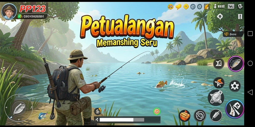 Tampilan gameplay PP123 yang menampilkan aksi memancing yang seru.