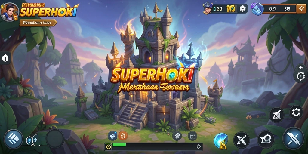 Tangkapan layar SUPERHOKI menampilkan aksi menara pertahanan yang seru.