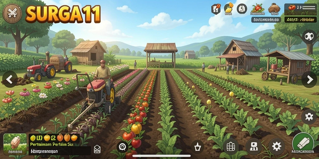 Screenshot utama SURGA11 menampilkan lahan pertanian yang subur dan hewan peliharaan yang bahagia.
